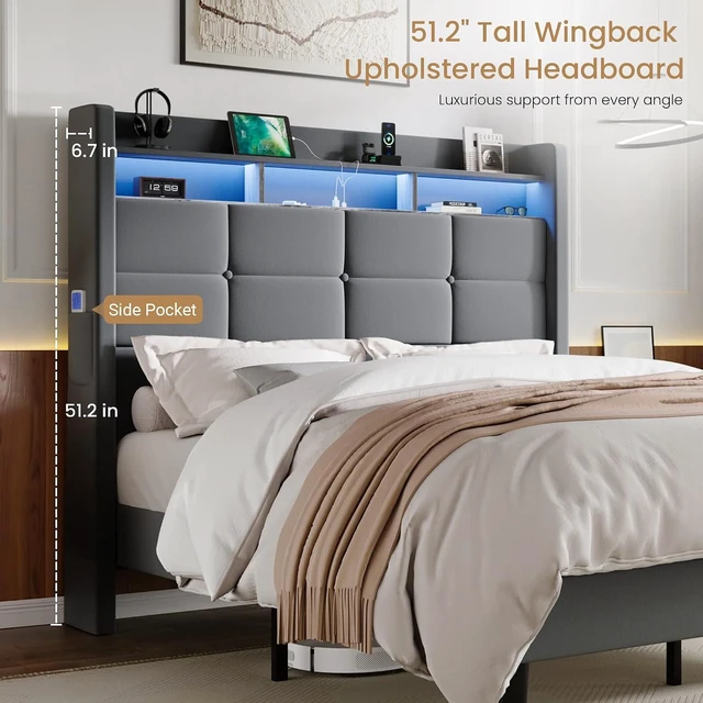 Alt view image 6 of 7 - Full Size Upholstered Platform Bed Frame with LED Lights and Charging Station, 51.2" Tall Headboard with 2-Tier Storage, Modern Wingback Design, Noise-Free, No Box Spring Needed, Grey