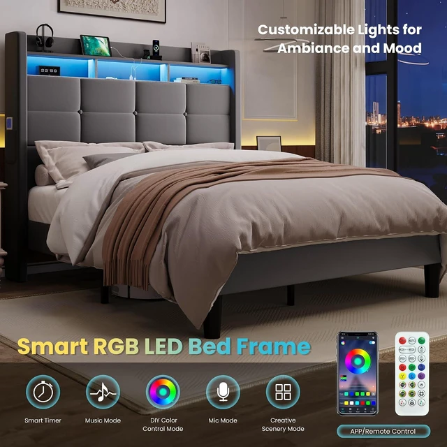 Alt view image 7 of 7 - Full Size Upholstered Platform Bed Frame with LED Lights and Charging Station, 51.2" Tall Headboard with 2-Tier Storage, Modern Wingback Design, Noise-Free, No Box Spring Needed, Grey