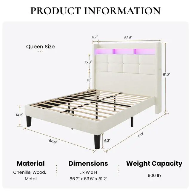 Alt view image 2 of 7 - Queen Size Upholstered Platform Bed Frame with LED Lights and Charging Station, 51.2" Tall Headboard with 2-Tier Storage, Modern Wingback Design, Noise-Free, No Box Spring Needed, White