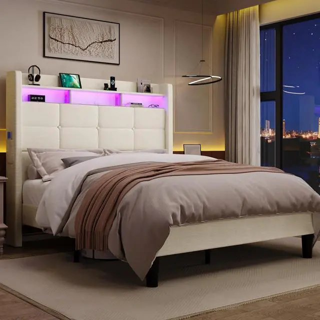 Alt view image 4 of 7 - Queen Size Upholstered Platform Bed Frame with LED Lights and Charging Station, 51.2" Tall Headboard with 2-Tier Storage, Modern Wingback Design, Noise-Free, No Box Spring Needed, White