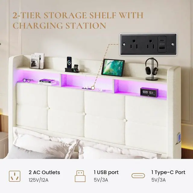 Alt view image 5 of 7 - Queen Size Upholstered Platform Bed Frame with LED Lights and Charging Station, 51.2" Tall Headboard with 2-Tier Storage, Modern Wingback Design, Noise-Free, No Box Spring Needed, White