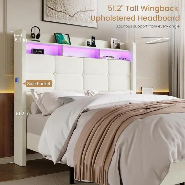 Alt view image 6 of 7 - Queen Size Upholstered Platform Bed Frame with LED Lights and Charging Station, 51.2" Tall Headboard with 2-Tier Storage, Modern Wingback Design, Noise-Free, No Box Spring Needed, White