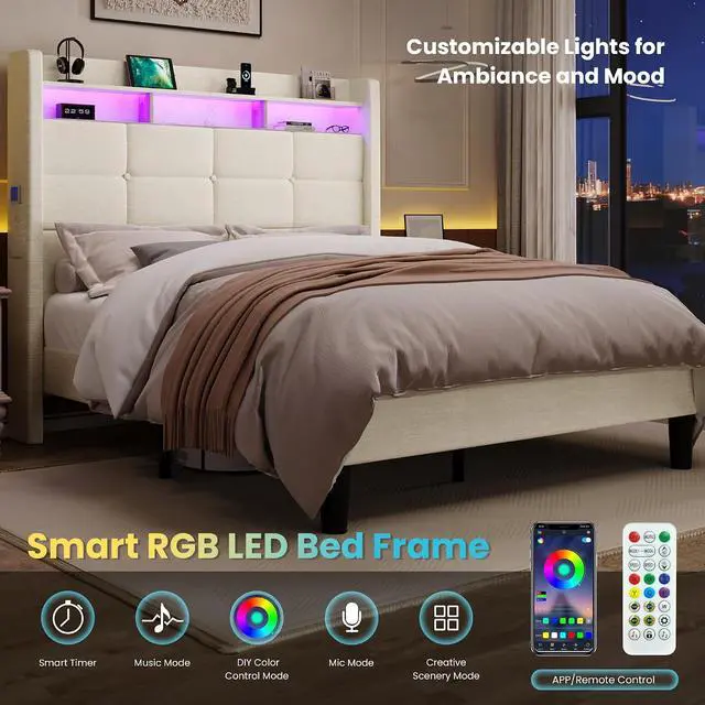 Alt view image 7 of 7 - Queen Size Upholstered Platform Bed Frame with LED Lights and Charging Station, 51.2" Tall Headboard with 2-Tier Storage, Modern Wingback Design, Noise-Free, No Box Spring Needed, White