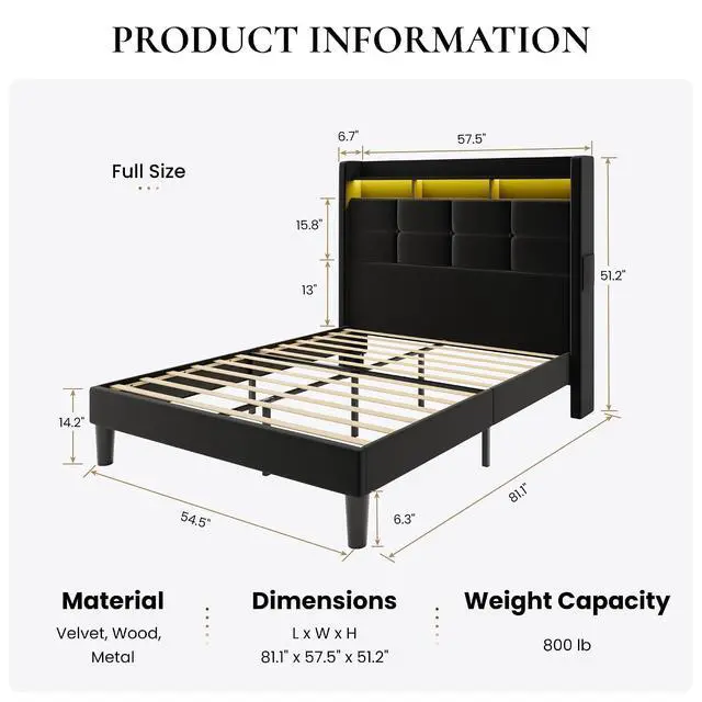 Alt view image 2 of 7 - Full Size Upholstered Platform Bed Frame with LED Lights and Charging Station, 51.2" Tall Headboard with 2-Tier Storage, Modern Wingback Design, Noise-Free, No Box Spring Needed, Black