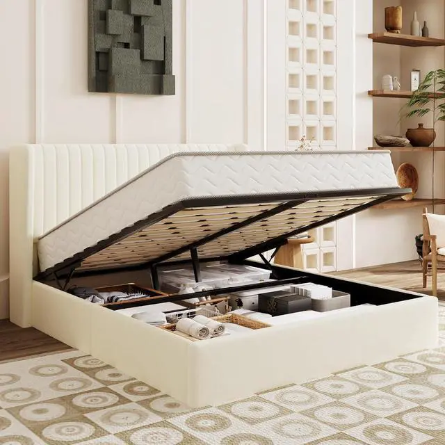 Main image of Queen Size Lift Up Storage Bed Frame, Vertical Channel Tufted Headboard with Wingback, Hydraulic Underneath Storage Space, Soft Velvet Upholstered Platform Bed, No Box Spring Needed, Cream