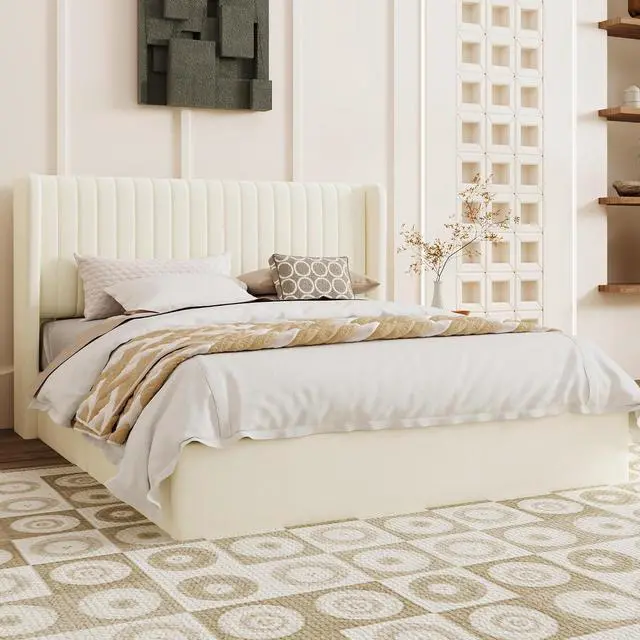 Alt view image 6 of 7 - Queen Size Lift Up Storage Bed Frame, Vertical Channel Tufted Headboard with Wingback, Hydraulic Underneath Storage Space, Soft Velvet Upholstered Platform Bed, No Box Spring Needed, Cream