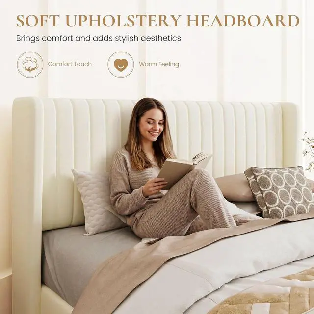 Alt view image 5 of 7 - Queen Size Lift Up Storage Bed Frame, Vertical Channel Tufted Headboard with Wingback, Hydraulic Underneath Storage Space, Soft Velvet Upholstered Platform Bed, No Box Spring Needed, Cream