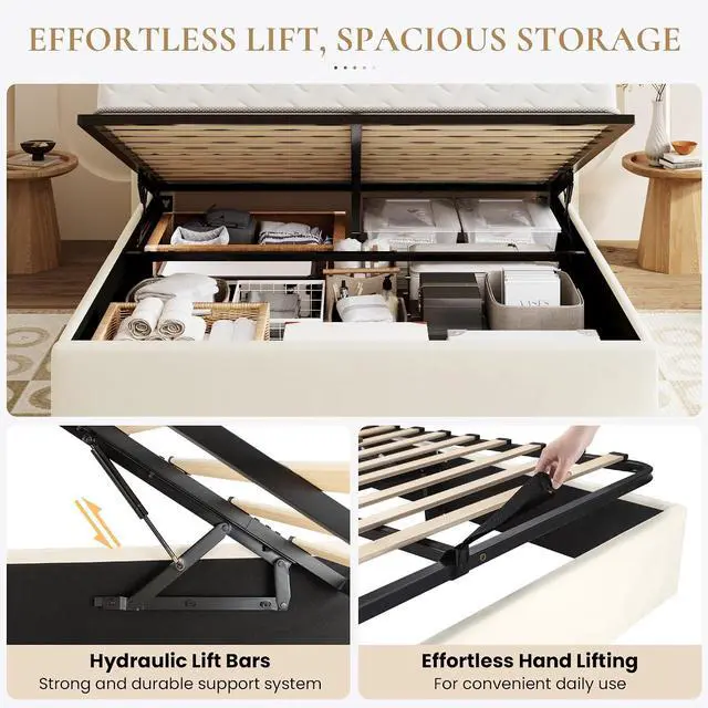 Alt view image 4 of 7 - Queen Size Lift Up Storage Bed Frame, Vertical Channel Tufted Headboard with Wingback, Hydraulic Underneath Storage Space, Soft Velvet Upholstered Platform Bed, No Box Spring Needed, Cream
