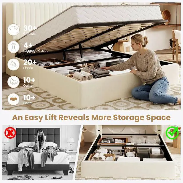 Alt view image 3 of 7 - Queen Size Lift Up Storage Bed Frame, Vertical Channel Tufted Headboard with Wingback, Hydraulic Underneath Storage Space, Soft Velvet Upholstered Platform Bed, No Box Spring Needed, Cream