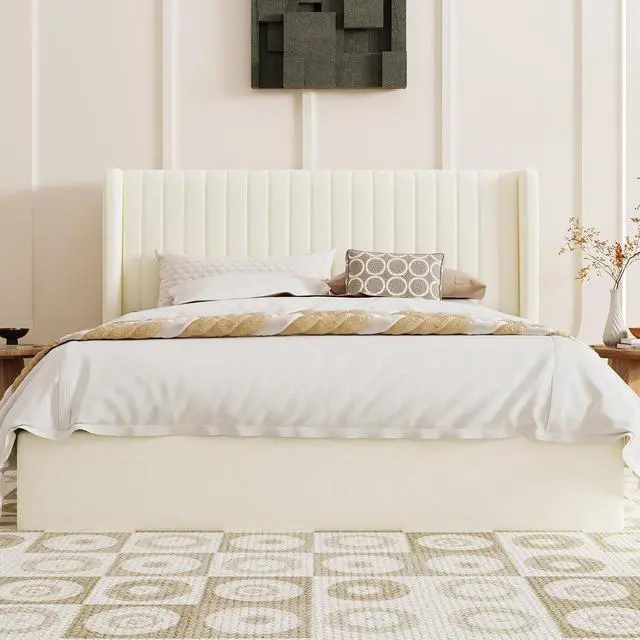 Alt view image 7 of 7 - Queen Size Lift Up Storage Bed Frame, Vertical Channel Tufted Headboard with Wingback, Hydraulic Underneath Storage Space, Soft Velvet Upholstered Platform Bed, No Box Spring Needed, Cream