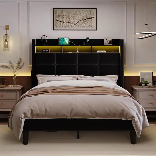 Alt view image 3 of 7 - Full Size Upholstered Platform Bed Frame with LED Lights and Charging Station, 51.2" Tall Headboard with 2-Tier Storage, Modern Wingback Design, Noise-Free, No Box Spring Needed, Black