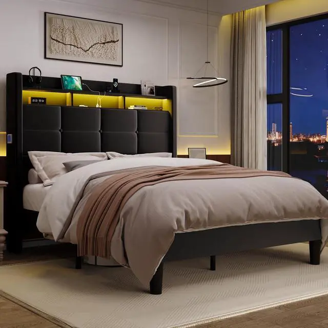 Alt view image 4 of 7 - Full Size Upholstered Platform Bed Frame with LED Lights and Charging Station, 51.2" Tall Headboard with 2-Tier Storage, Modern Wingback Design, Noise-Free, No Box Spring Needed, Black