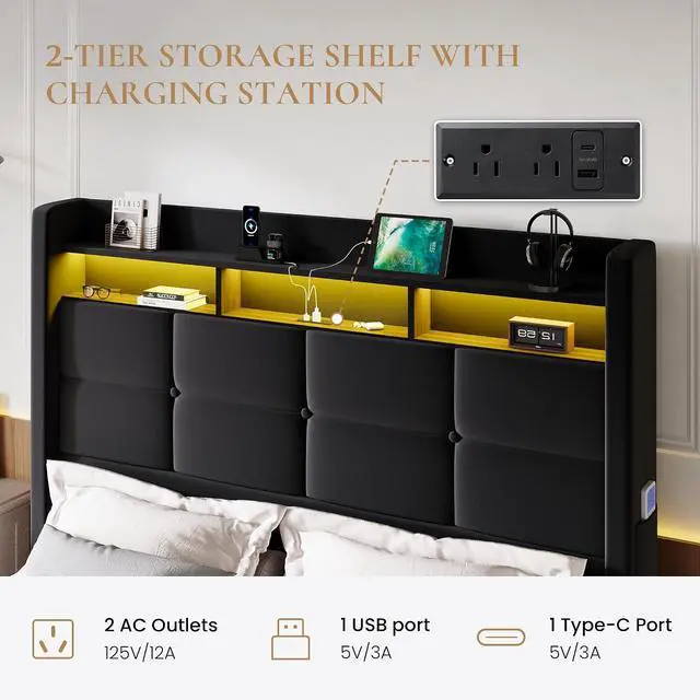 Alt view image 5 of 7 - Full Size Upholstered Platform Bed Frame with LED Lights and Charging Station, 51.2" Tall Headboard with 2-Tier Storage, Modern Wingback Design, Noise-Free, No Box Spring Needed, Black