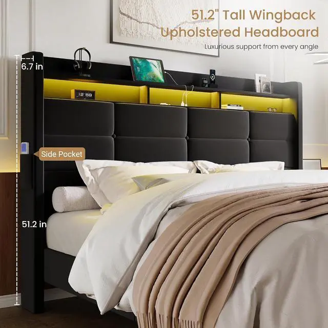 Alt view image 6 of 7 - Full Size Upholstered Platform Bed Frame with LED Lights and Charging Station, 51.2" Tall Headboard with 2-Tier Storage, Modern Wingback Design, Noise-Free, No Box Spring Needed, Black