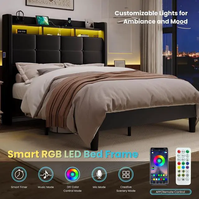 Alt view image 7 of 7 - Full Size Upholstered Platform Bed Frame with LED Lights and Charging Station, 51.2" Tall Headboard with 2-Tier Storage, Modern Wingback Design, Noise-Free, No Box Spring Needed, Black