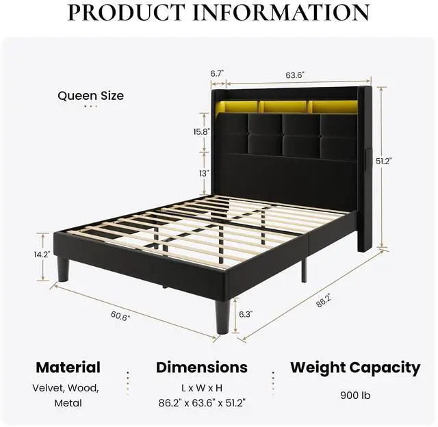 Alt view image 2 of 7 - Queen Size Upholstered Platform Bed Frame with LED Lights and Charging Station, 51.2" Tall Headboard with 2-Tier Storage, Modern Wingback Design, Noise-Free, No Box Spring Needed, Black