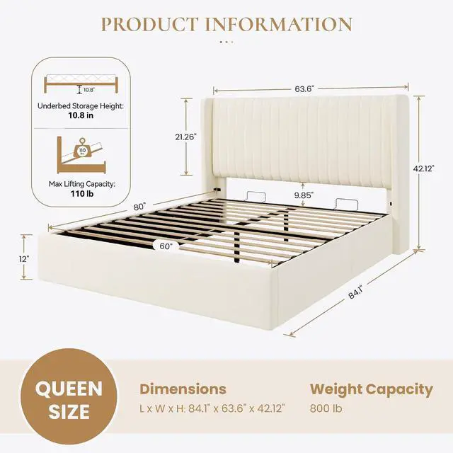 Alt view image 2 of 7 - Queen Size Lift Up Storage Bed Frame, Vertical Channel Tufted Headboard with Wingback, Hydraulic Underneath Storage Space, Soft Velvet Upholstered Platform Bed, No Box Spring Needed, Cream