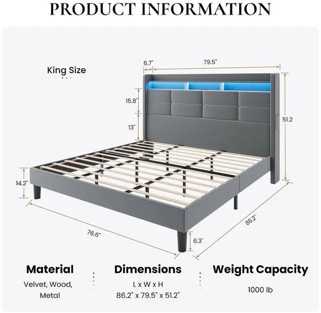 Alt view image 2 of 7 - King Size Upholstered Platform Bed Frame with LED Lights and Charging Station, 51.2" Tall Headboard with 2-Tier Storage, Modern Wingback Design, Noise-Free, No Box Spring Needed, Grey