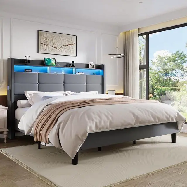Main image of King Size Upholstered Platform Bed Frame with LED Lights and Charging Station, 51.2" Tall Headboard with 2-Tier Storage, Modern Wingback Design, Noise-Free, No Box Spring Needed, Grey