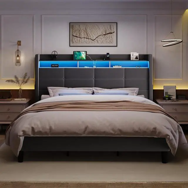 Alt view image 3 of 7 - King Size Upholstered Platform Bed Frame with LED Lights and Charging Station, 51.2" Tall Headboard with 2-Tier Storage, Modern Wingback Design, Noise-Free, No Box Spring Needed, Grey