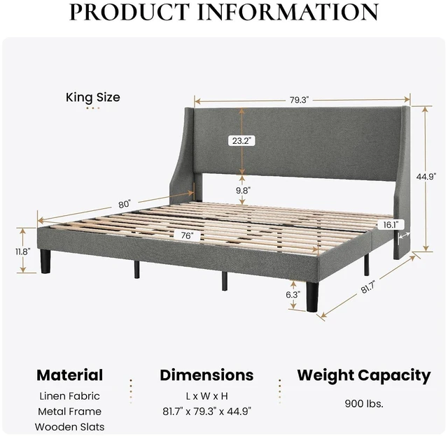 Alt view image 2 of 7 - Upholstered Bed Frame King Size with Streamlined Wingback Headboard, Breathable Linen Fabric, Solid Wooden Slats, Easy Assembly, Light Grey