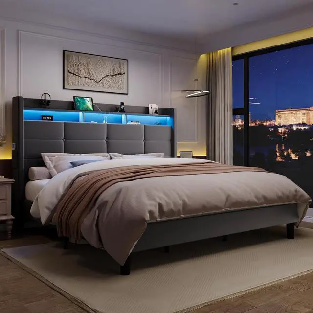 Alt view image 4 of 7 - King Size Upholstered Platform Bed Frame with LED Lights and Charging Station, 51.2" Tall Headboard with 2-Tier Storage, Modern Wingback Design, Noise-Free, No Box Spring Needed, Grey