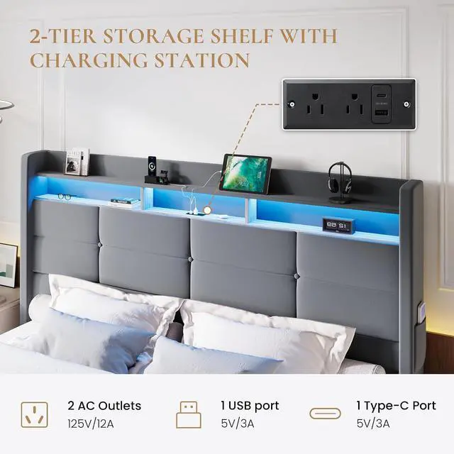 Alt view image 5 of 7 - King Size Upholstered Platform Bed Frame with LED Lights and Charging Station, 51.2" Tall Headboard with 2-Tier Storage, Modern Wingback Design, Noise-Free, No Box Spring Needed, Grey