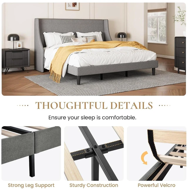 Alt view image 5 of 7 - Upholstered Bed Frame King Size with Streamlined Wingback Headboard, Breathable Linen Fabric, Solid Wooden Slats, Easy Assembly, Light Grey