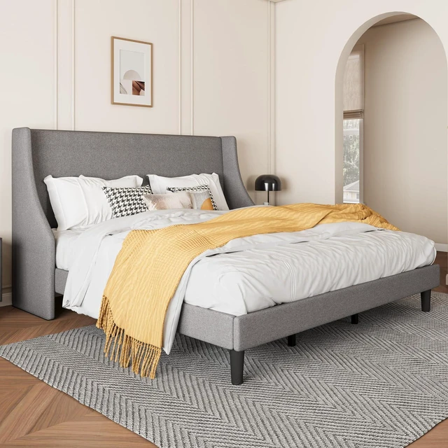 Alt view image 3 of 7 - Upholstered Bed Frame King Size with Streamlined Wingback Headboard, Breathable Linen Fabric, Solid Wooden Slats, Easy Assembly, Light Grey