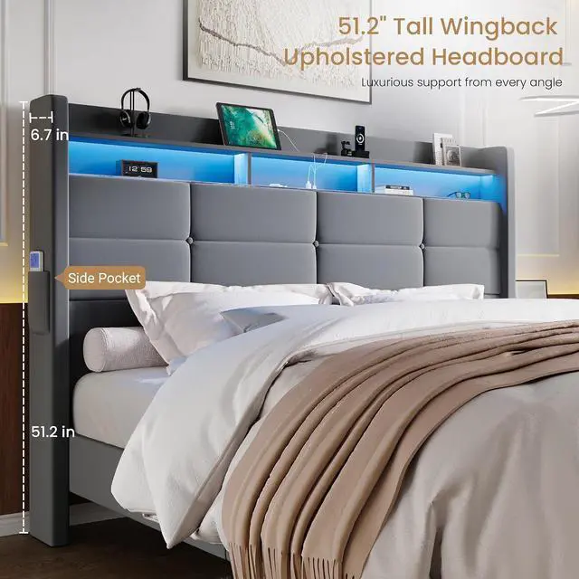 Alt view image 6 of 7 - King Size Upholstered Platform Bed Frame with LED Lights and Charging Station, 51.2" Tall Headboard with 2-Tier Storage, Modern Wingback Design, Noise-Free, No Box Spring Needed, Grey
