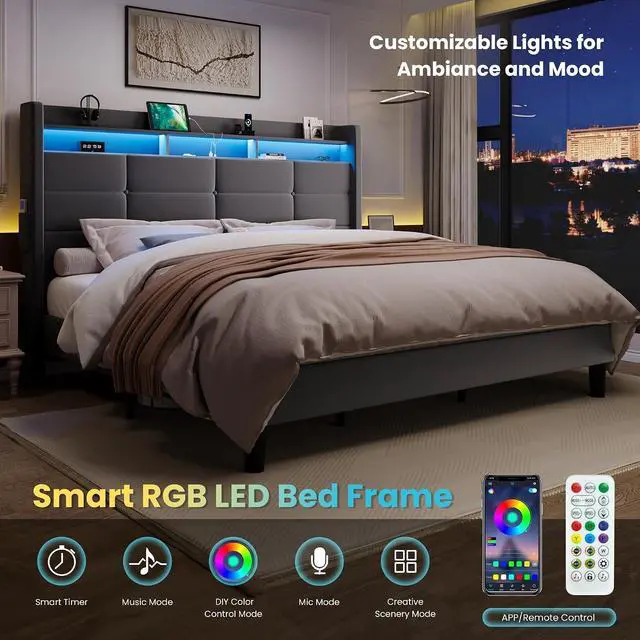 Alt view image 7 of 7 - King Size Upholstered Platform Bed Frame with LED Lights and Charging Station, 51.2" Tall Headboard with 2-Tier Storage, Modern Wingback Design, Noise-Free, No Box Spring Needed, Grey