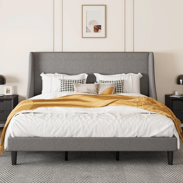 Main image of Upholstered Bed Frame King Size with Streamlined Wingback Headboard, Breathable Linen Fabric, Solid Wooden Slats, Easy Assembly, Light Grey