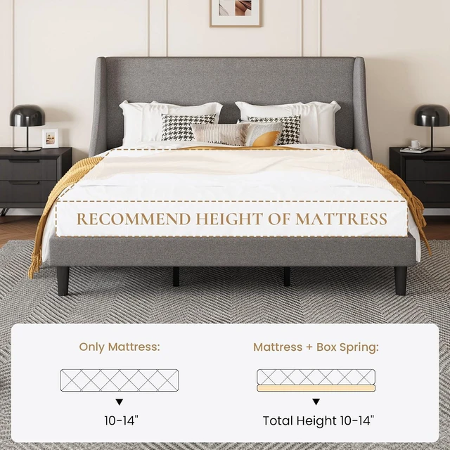Alt view image 7 of 7 - Upholstered Bed Frame King Size with Streamlined Wingback Headboard, Breathable Linen Fabric, Solid Wooden Slats, Easy Assembly, Light Grey