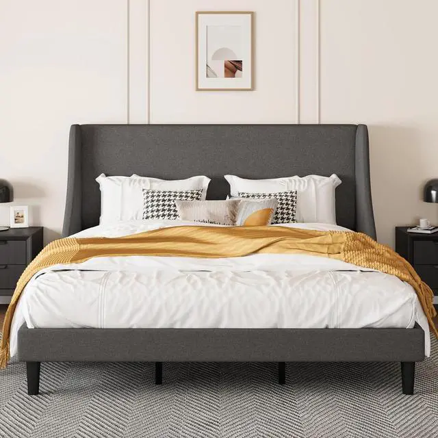 Main image of Upholstered Bed Frame King Size with Streamlined Wingback Headboard, Breathable Linen Fabric, Solid Wooden Slats, Easy Assembly, Dark Grey