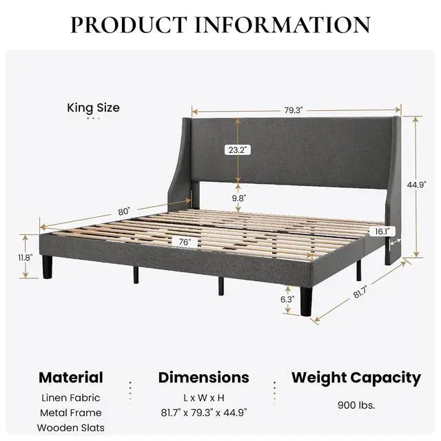 Alt view image 2 of 7 - Upholstered Bed Frame King Size with Streamlined Wingback Headboard, Breathable Linen Fabric, Solid Wooden Slats, Easy Assembly, Dark Grey