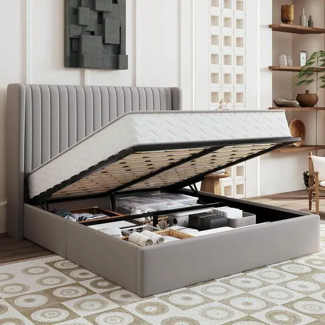 Main image of Queen Size Lift Up Storage Bed Frame, Vertical Channel Tufted Headboard with Wingback, Hydraulic Underneath Storage Space, Soft Velvet Upholstered Platform Bed, No Box Spring Needed, Grey