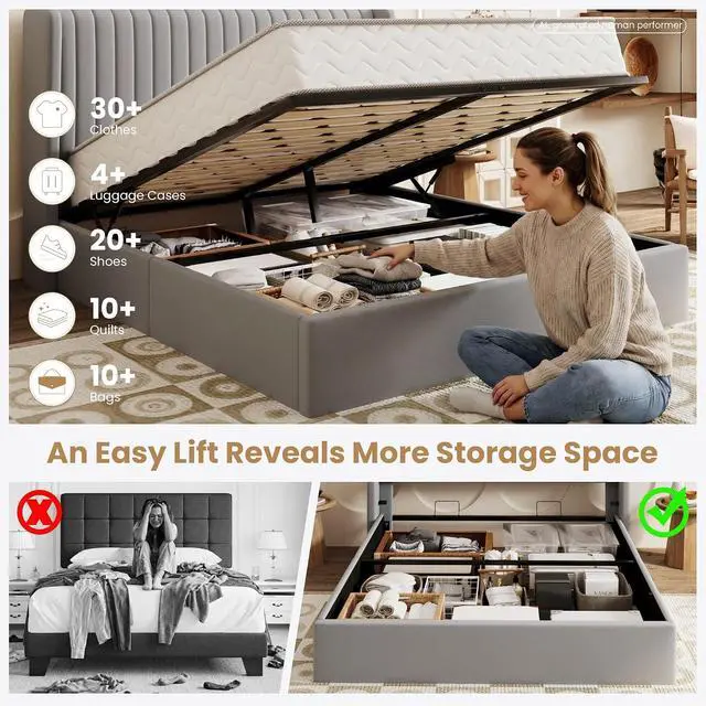 Alt view image 3 of 7 - Queen Size Lift Up Storage Bed Frame, Vertical Channel Tufted Headboard with Wingback, Hydraulic Underneath Storage Space, Soft Velvet Upholstered Platform Bed, No Box Spring Needed, Grey