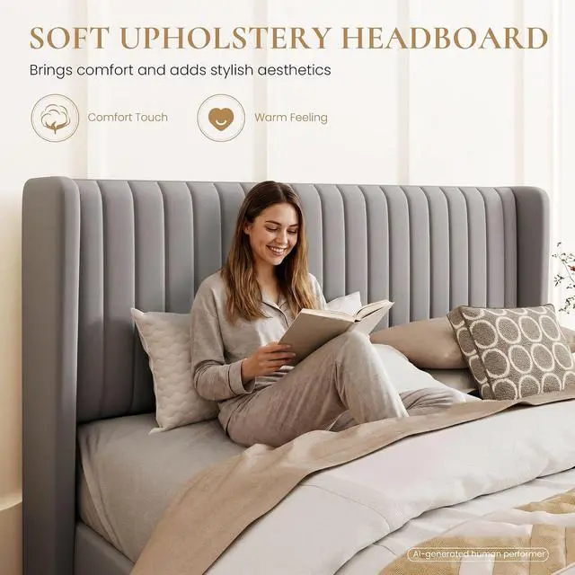 Alt view image 4 of 7 - Queen Size Lift Up Storage Bed Frame, Vertical Channel Tufted Headboard with Wingback, Hydraulic Underneath Storage Space, Soft Velvet Upholstered Platform Bed, No Box Spring Needed, Grey