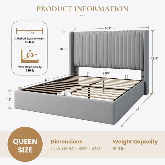 Alt view image 2 of 7 - Queen Size Lift Up Storage Bed Frame, Vertical Channel Tufted Headboard with Wingback, Hydraulic Underneath Storage Space, Soft Velvet Upholstered Platform Bed, No Box Spring Needed, Grey