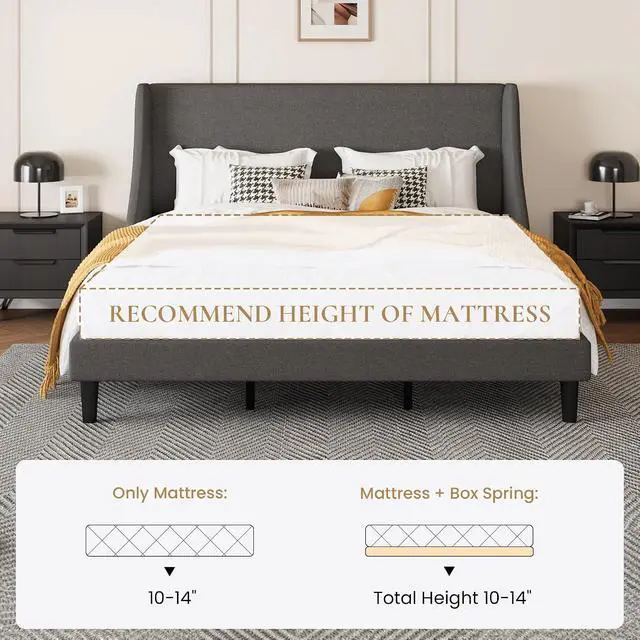 Alt view image 7 of 7 - Upholstered Bed Frame King Size with Streamlined Wingback Headboard, Breathable Linen Fabric, Solid Wooden Slats, Easy Assembly, Dark Grey