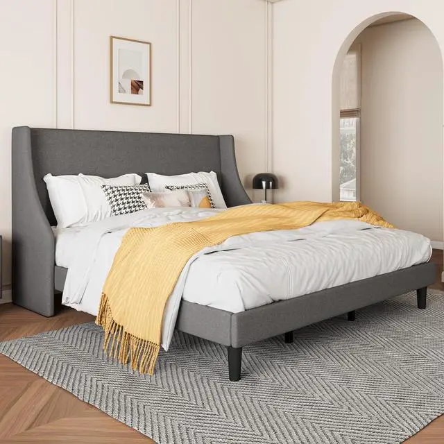 Alt view image 3 of 7 - Upholstered Bed Frame King Size with Streamlined Wingback Headboard, Breathable Linen Fabric, Solid Wooden Slats, Easy Assembly, Dark Grey