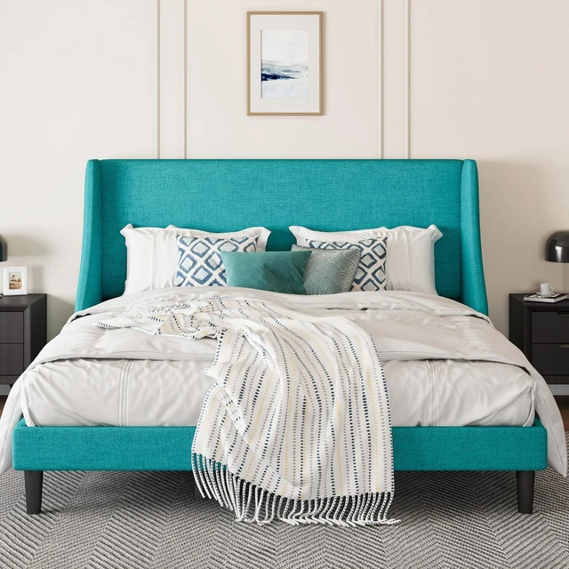 Main image of Upholstered Bed Frame King Size with Streamlined Wingback Headboard, Breathable Linen Fabric, Solid Wooden Slats, Easy Assembly, Blue