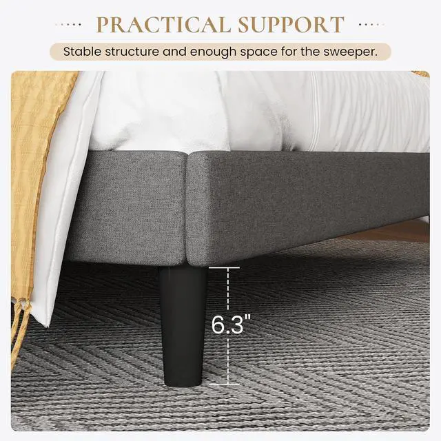 Alt view image 6 of 7 - Upholstered Bed Frame King Size with Streamlined Wingback Headboard, Breathable Linen Fabric, Solid Wooden Slats, Easy Assembly, Dark Grey