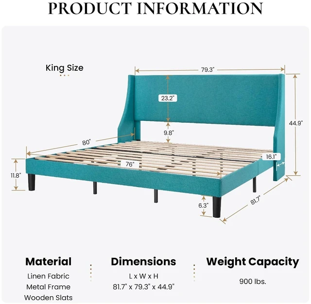 Alt view image 2 of 7 - Upholstered Bed Frame King Size with Streamlined Wingback Headboard, Breathable Linen Fabric, Solid Wooden Slats, Easy Assembly, Blue