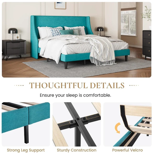 Alt view image 5 of 7 - Upholstered Bed Frame King Size with Streamlined Wingback Headboard, Breathable Linen Fabric, Solid Wooden Slats, Easy Assembly, Blue