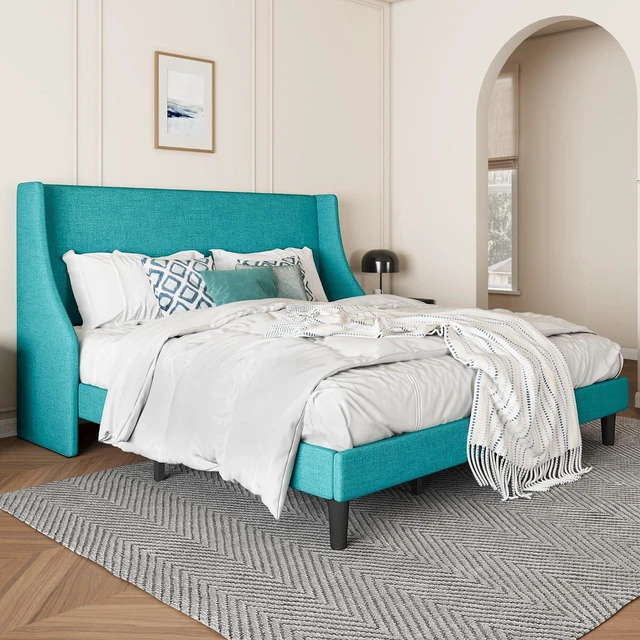Alt view image 3 of 7 - Upholstered Bed Frame King Size with Streamlined Wingback Headboard, Breathable Linen Fabric, Solid Wooden Slats, Easy Assembly, Blue