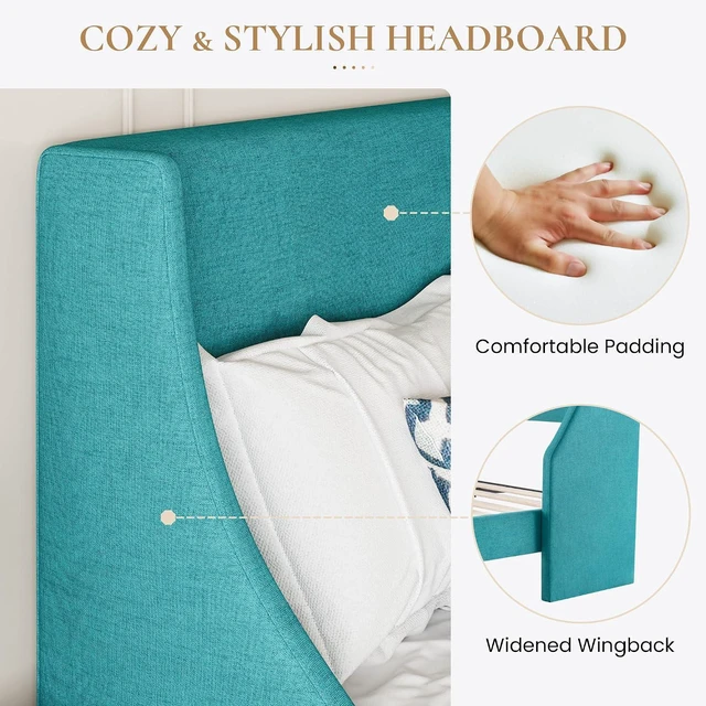 Alt view image 4 of 7 - Upholstered Bed Frame King Size with Streamlined Wingback Headboard, Breathable Linen Fabric, Solid Wooden Slats, Easy Assembly, Blue