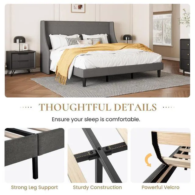 Alt view image 5 of 7 - Upholstered Bed Frame King Size with Streamlined Wingback Headboard, Breathable Linen Fabric, Solid Wooden Slats, Easy Assembly, Dark Grey