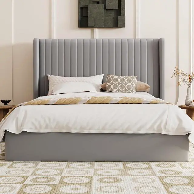 Alt view image 6 of 7 - Queen Size Lift Up Storage Bed Frame, Vertical Channel Tufted Headboard with Wingback, Hydraulic Underneath Storage Space, Soft Velvet Upholstered Platform Bed, No Box Spring Needed, Grey