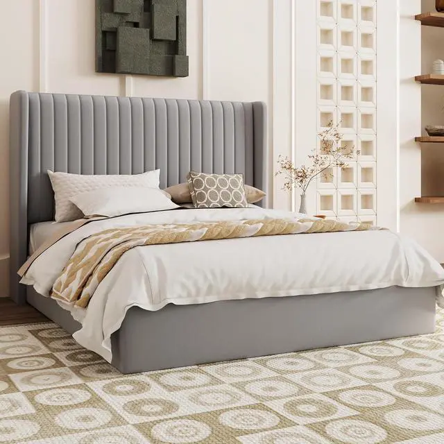 Alt view image 7 of 7 - Queen Size Lift Up Storage Bed Frame, Vertical Channel Tufted Headboard with Wingback, Hydraulic Underneath Storage Space, Soft Velvet Upholstered Platform Bed, No Box Spring Needed, Grey